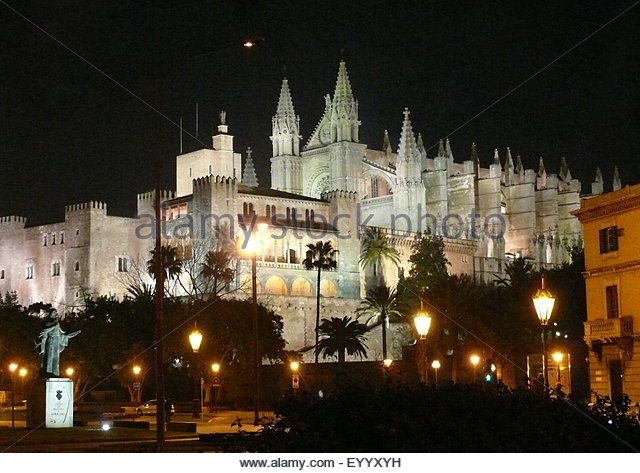 Illuminated Palma Cathedral At Night