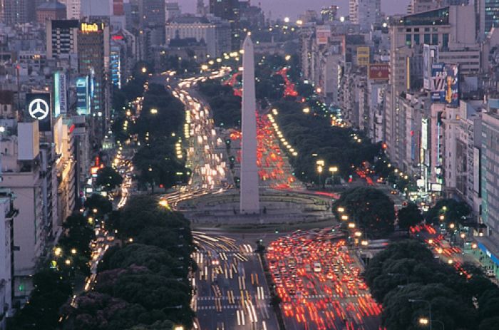 Obelisco de Buenos Aires At Dusk With Traffic Lighs