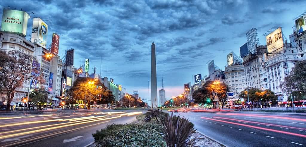 Obelisco de Buenos Aires With Motion Traffic Lights At Dusk