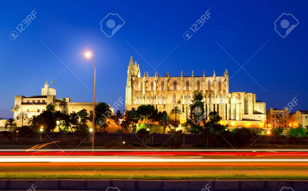 Palma Cathedral And Motion Car Lights At Night