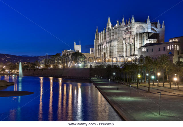 Palma Cathedral At Night With The Almudaina Palace