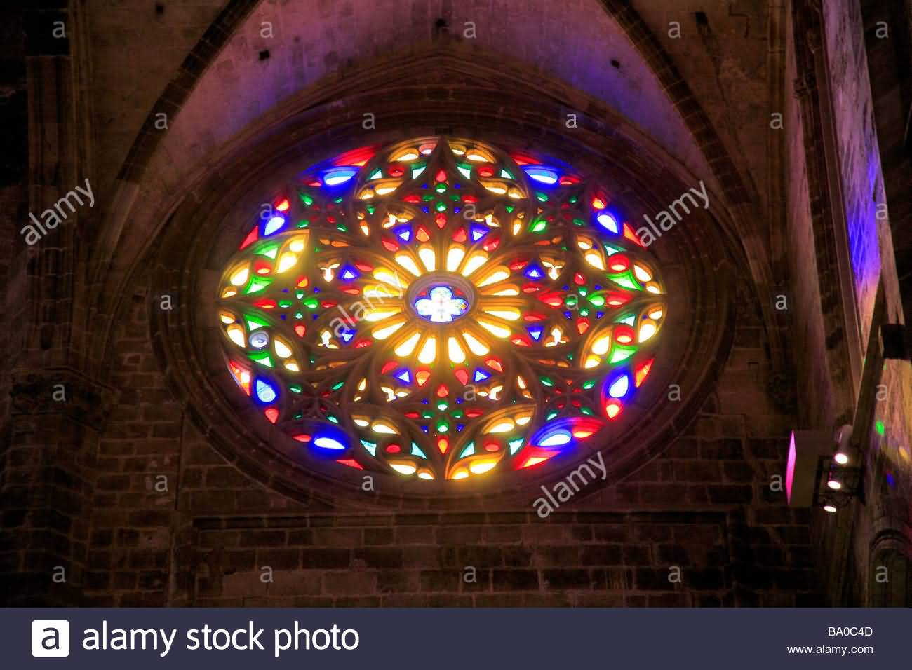 Stained Glass Rose Window Inside The Palma Cathedral