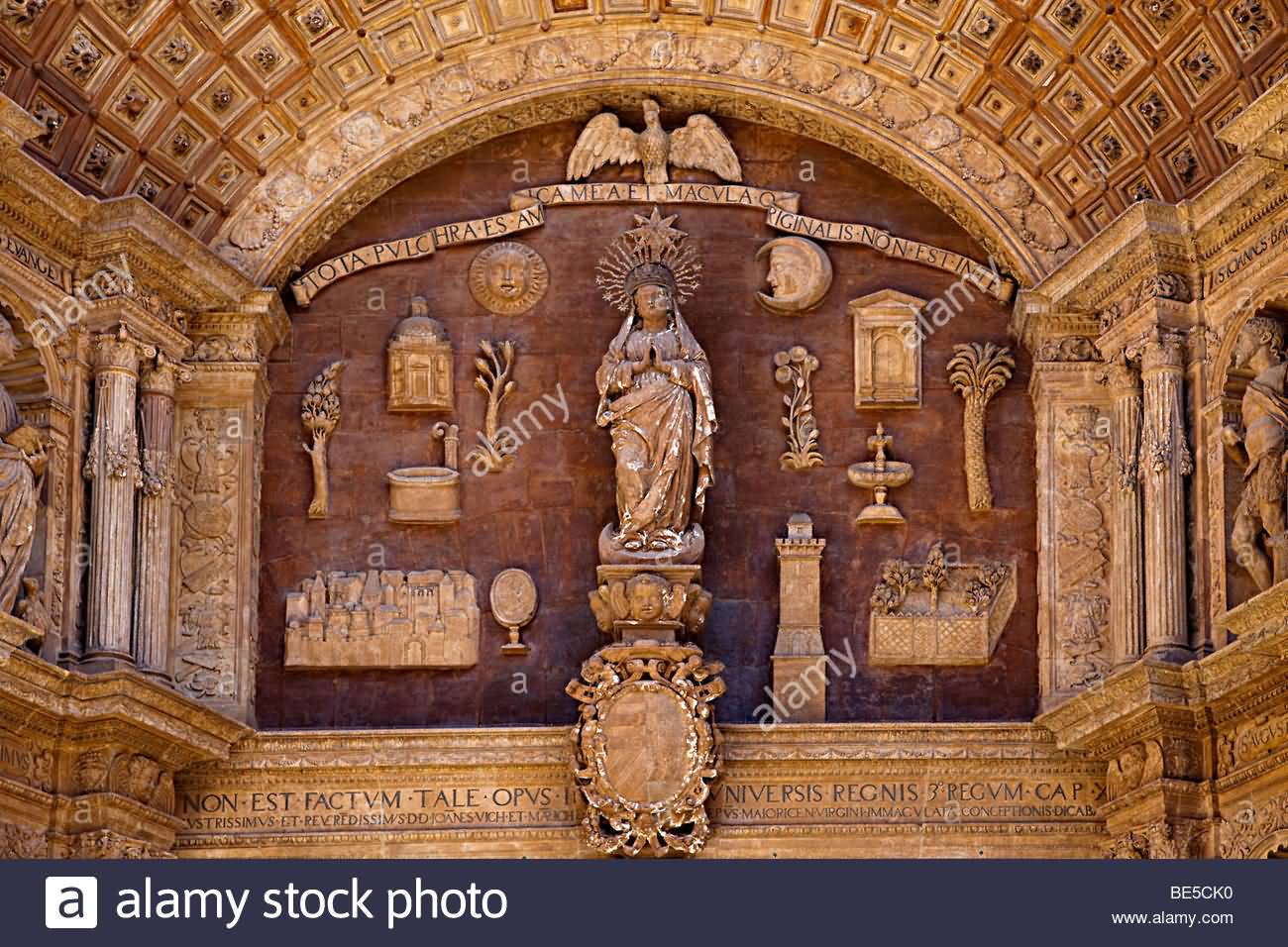 Statue And Carvings In Door Of Palma Cathedral