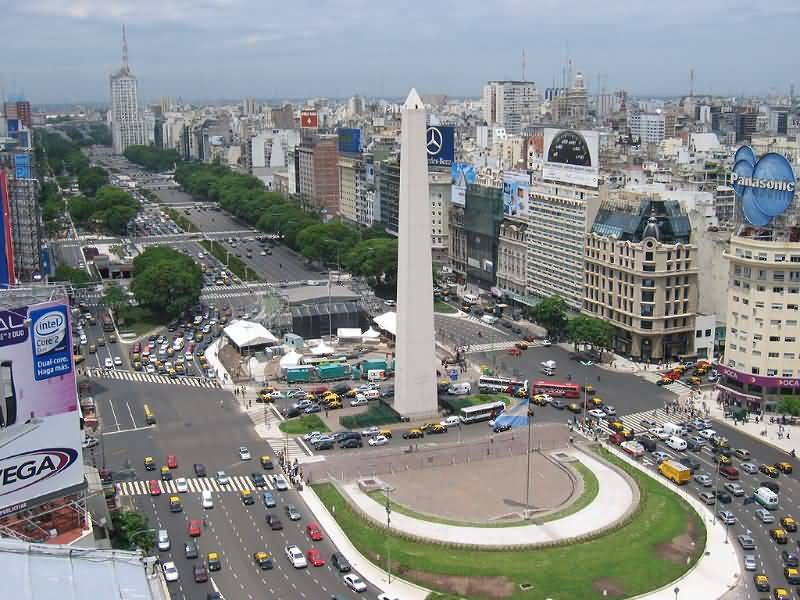 Traffic Passing Near From The Obelisco de Buenos Aires Aerial View