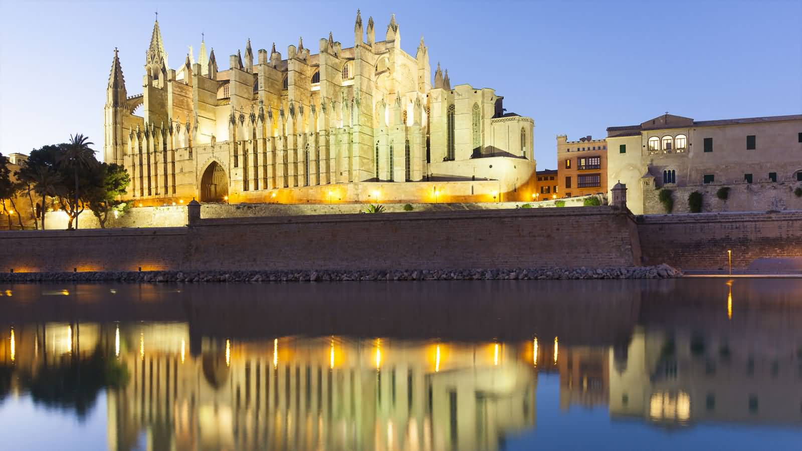 Water Reflection Of Palma Cathedral At Dusk