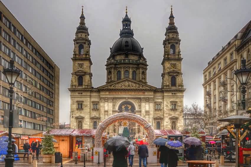 A Small Christmas Market In Front Of Saint Stephen’s Basilica In Budapest