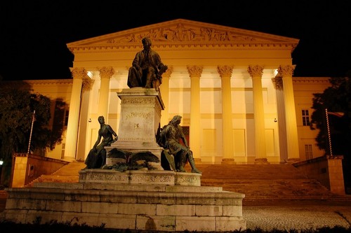 Arany Monument And Hungarian National Museum Lit Up At Night