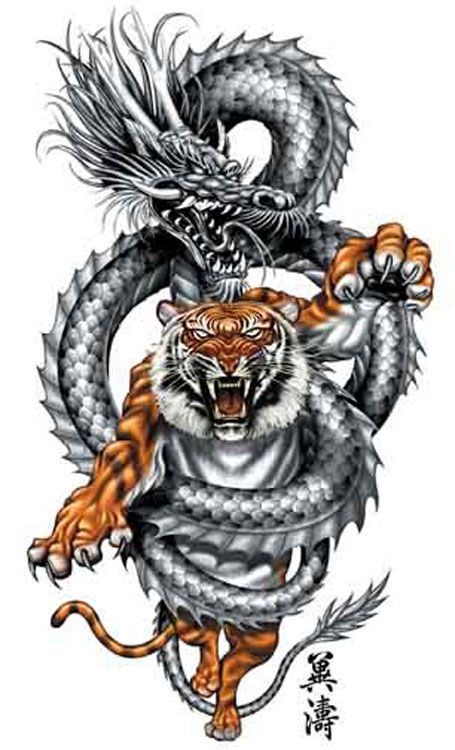 Black Ink Chinese Dragon With Tiger Tattoo Design