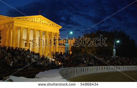 Crowd Waiting For Start of Night Fire Show At The Hungarian National Museum Night Picture