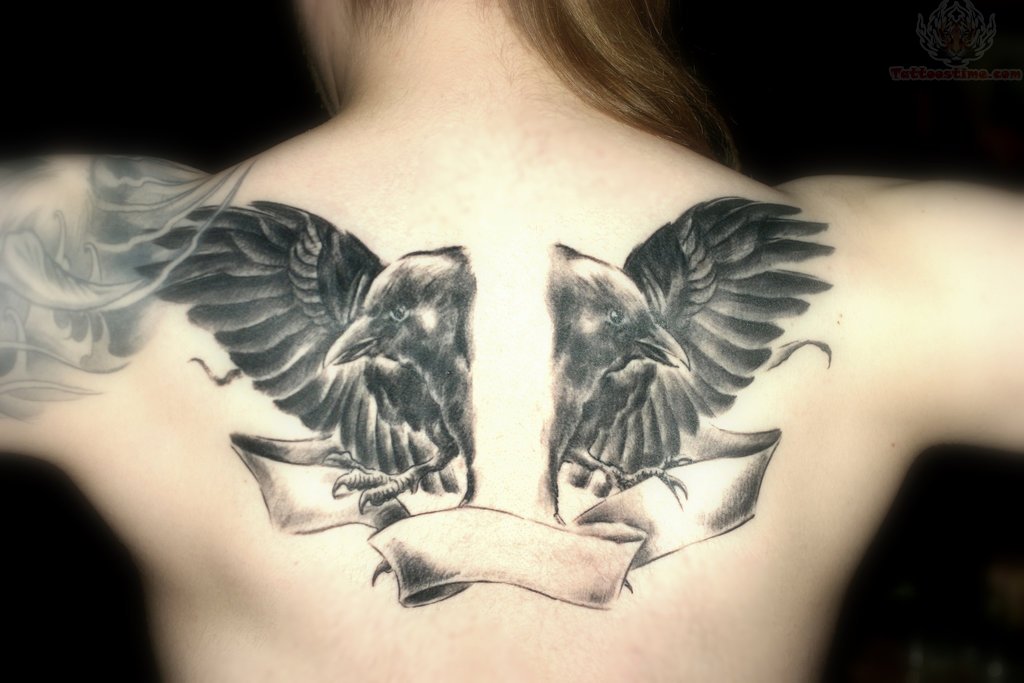 croww with banner tattoo on girl back body croww with banner tattoo on girl back body