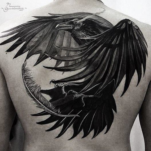 Feather And Crow Tattoo On Full Back