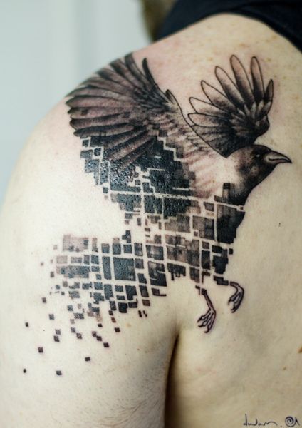 Flying Raven Crow Tattoo On Left Back Shoulder