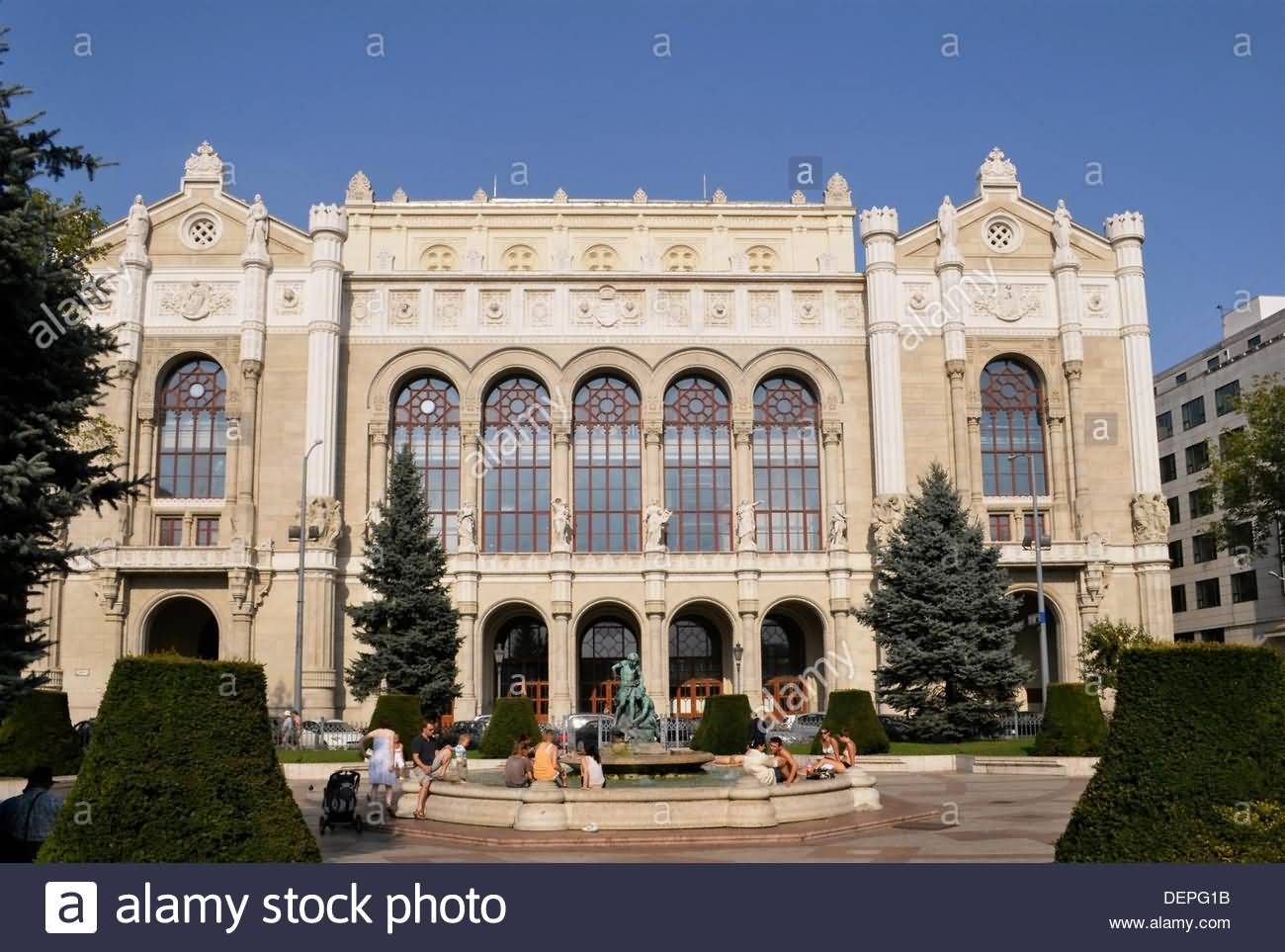 Fountain At Roosevelt Terrace And Pesti Vigado Pest Concert Hall In Budapest