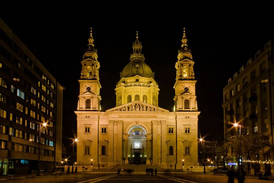 Front View Of The Saint Stephen’s Basilica At Night