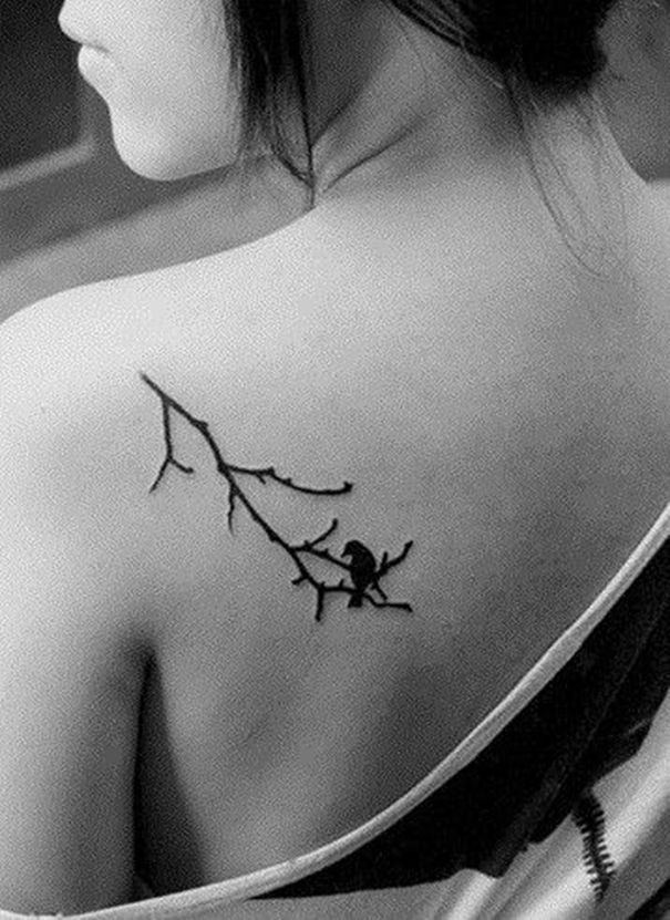 Girl Left Back Shoulder Small Crow Tattoo For Girls