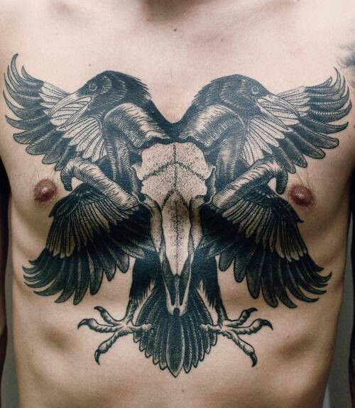 Goat Skull And Crow Tattoo On Chest