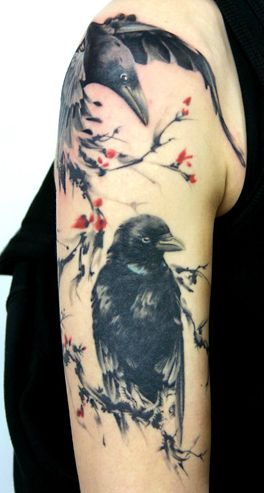 Half Sleeve Flying Crow Tattoo And Small Black crow Tattoo