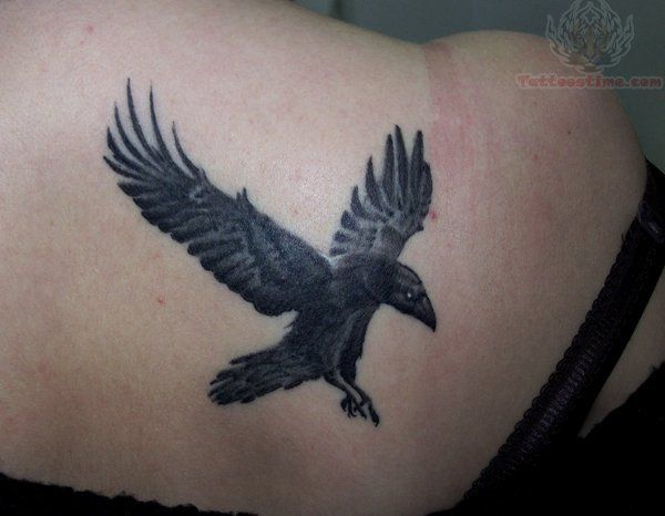 Right Back Shoulder Black Open Wings Crow Tattoo