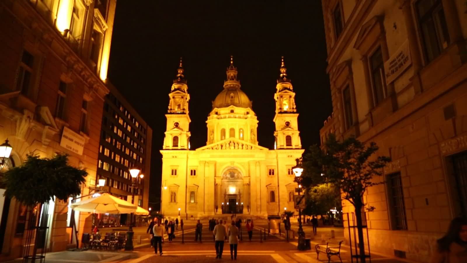 Saint Stephen’s Basilica Illuminated Night In Budapest