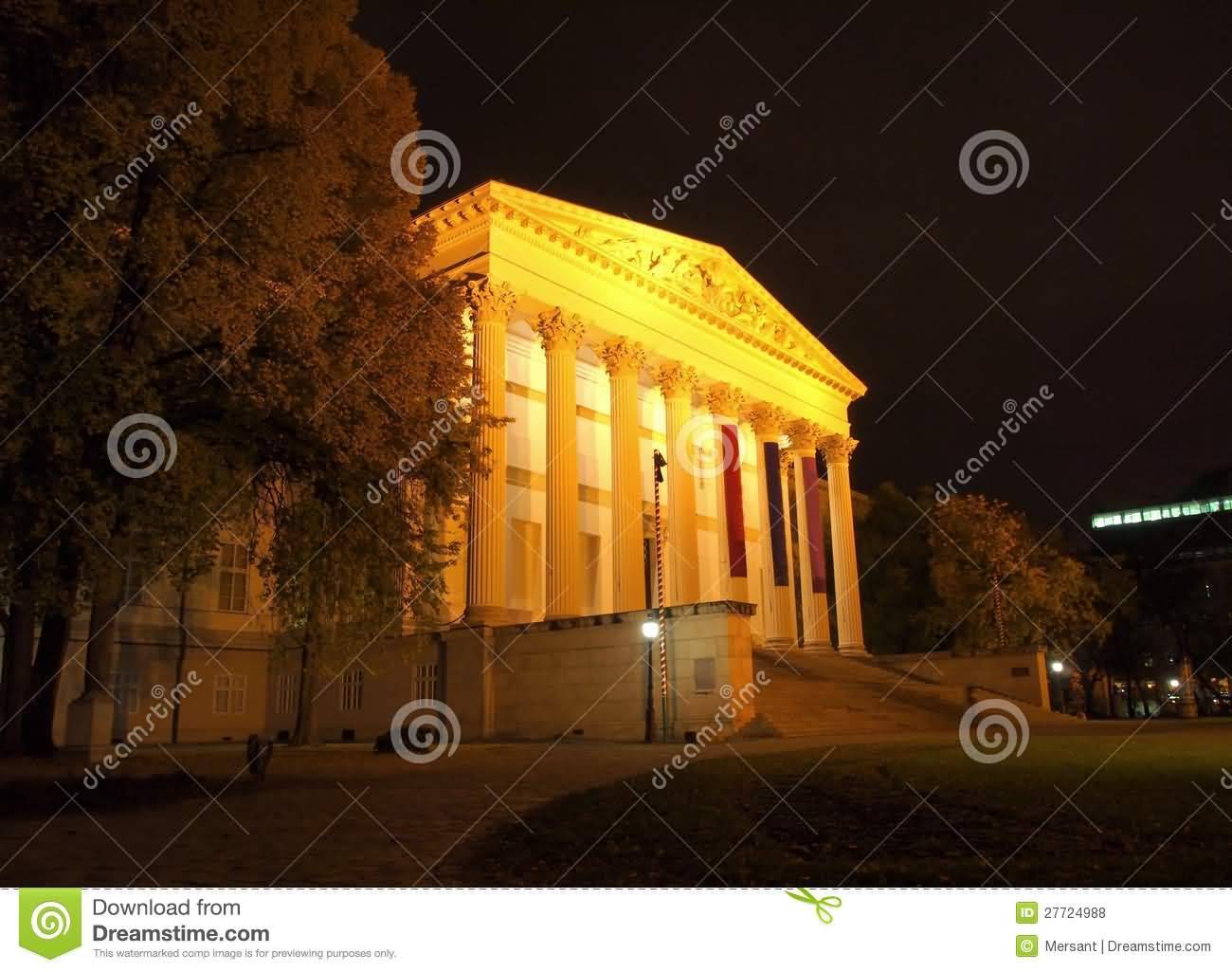 Side View Of The Hungarian National Museum At Night