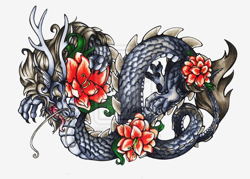 Traditional Chinese Dragon With Flowers Tattoo Design