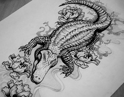 Black Ink Alligator With Flowers Tattoo Design