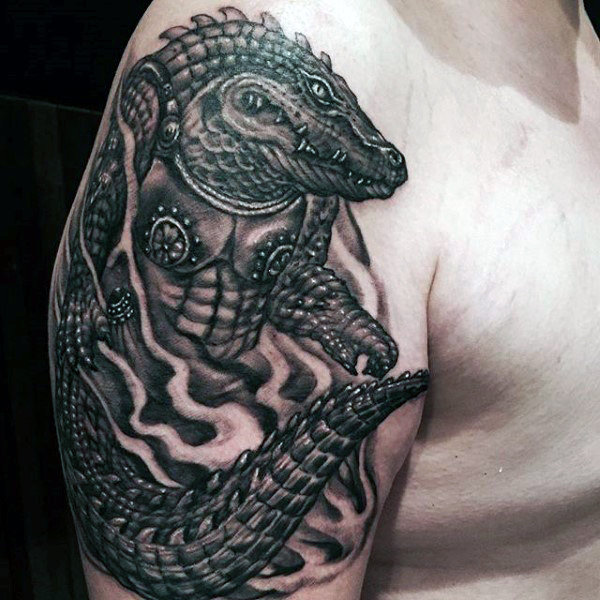 Cool Black Ink Alligator Tattoo On Right Half Sleeve