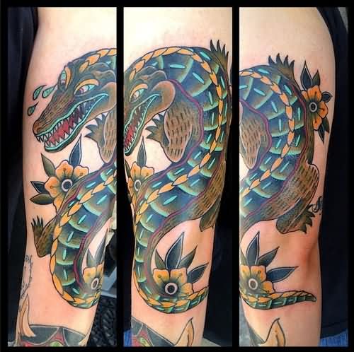 Cool Traditional Alligator Tattoo Design For Sleeve