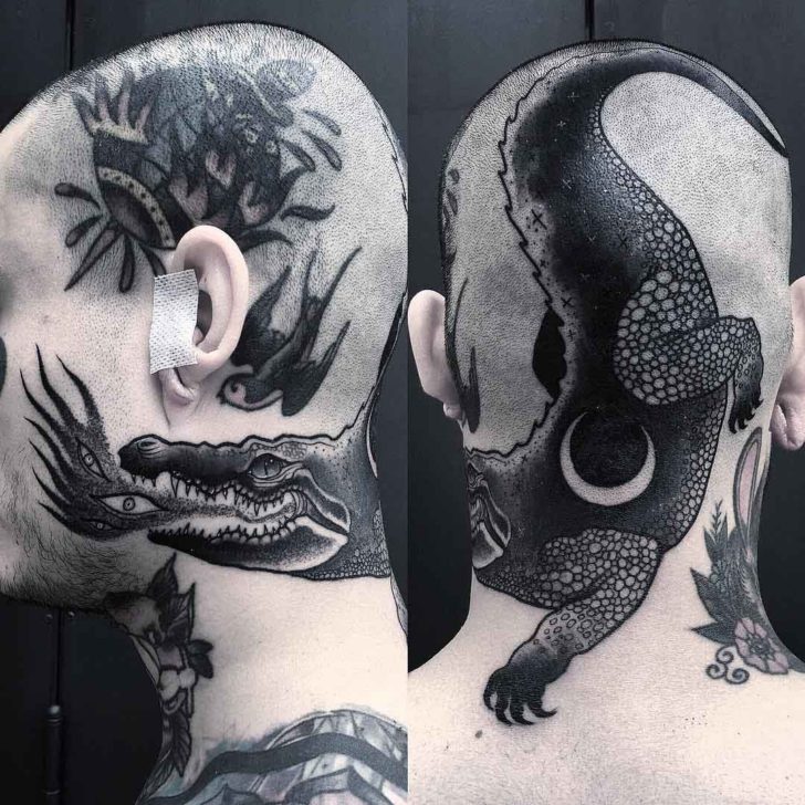 Dotwork Alligator Tattoo On Man Head