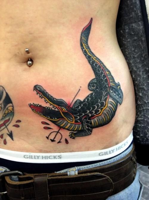 Traditional Trident In Alligator Tattoo On Man Waste