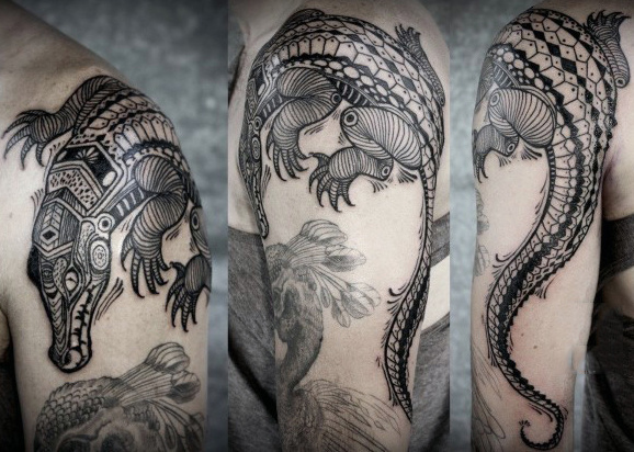 Unique Black Ink Alligator Tattoo On Left Shoulder