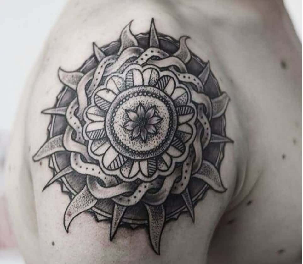 Realistic Celtic Sun Tattoo On Man Shoulder