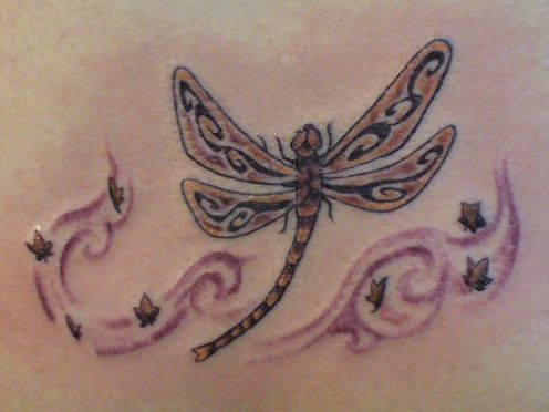 Flying Maple Leaves And Celtic Dragonfly Tattoo