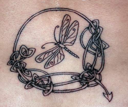 Outline flying Dragonfly And Celtic Tattoo Design