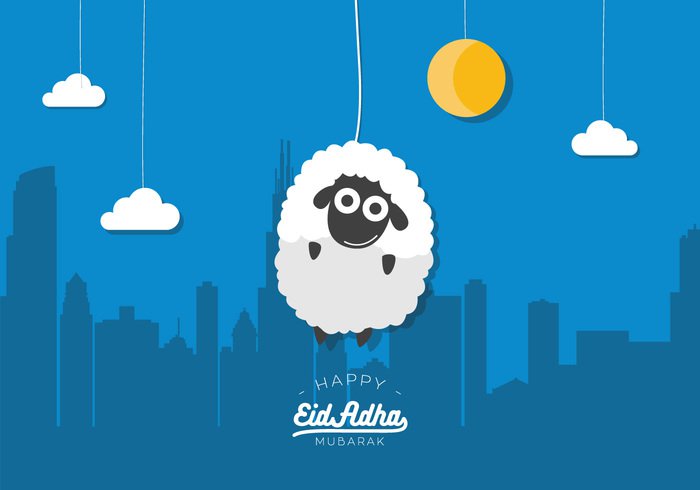 Happy Eid Adha Mubarak Hanging Sheep With Clouds And Sun Illustration