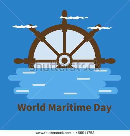 World Maritime Day Ship Wheel, Water And Clouds Illustration