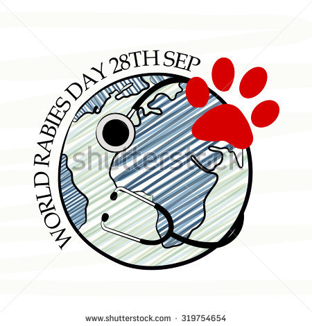 World Rabies Day 28th september earth globe with stethoscope and red dog paw illustration