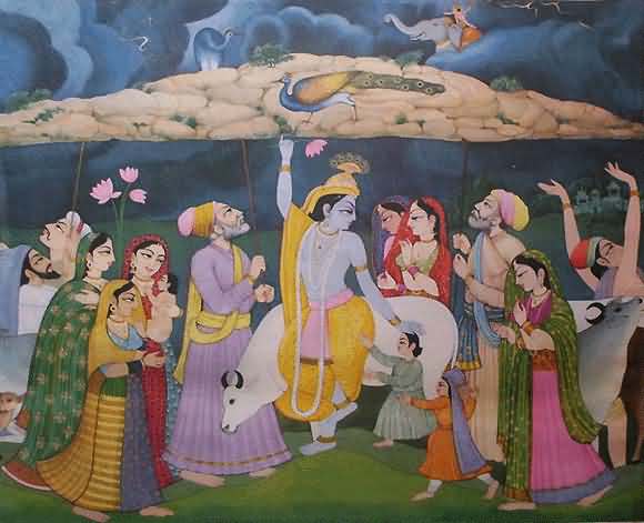 Govardhan Puja Lord Krishna holding Govardhan parvat from torrential rain image