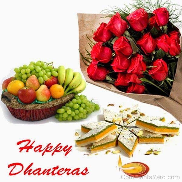 Happy Dhanteras Fruits Sweets And Flowers Bouquet