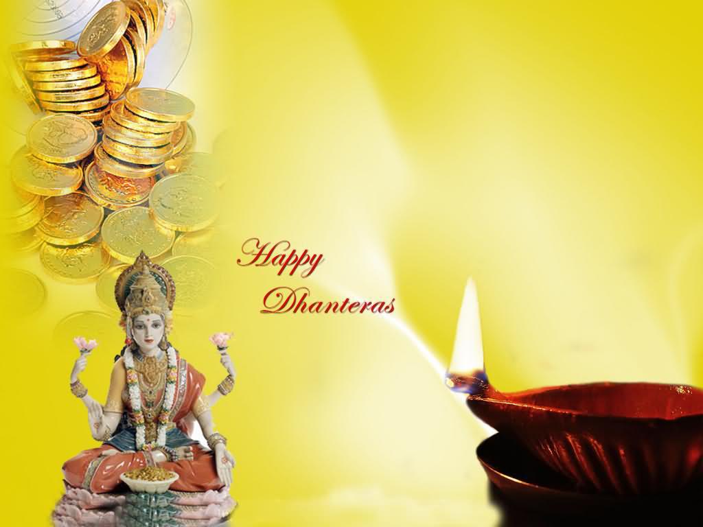 Happy Dhanteras Goddess Laxmi Statue With Golden Coins And Diya Picture