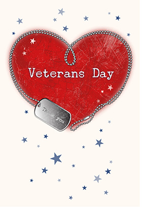 Happy Veterans Day text on red heart with star background