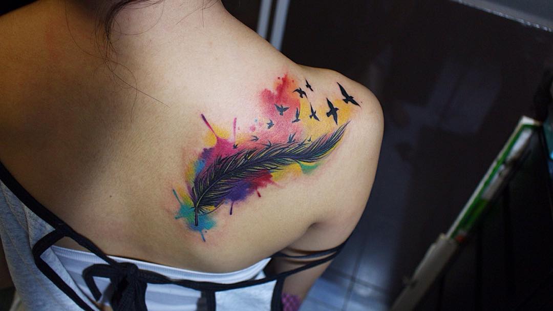 Water Color Feather And Birds Tattoo On Back Shoulder