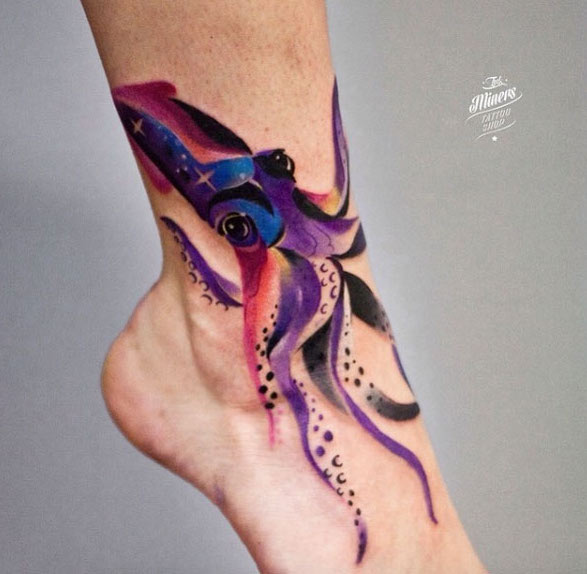 Colorful Octopus Tattoo on Ankle by Martyna Popiel