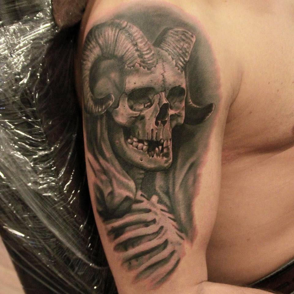 Grey ink Demon With Horns Tattoo On Half Sleeve