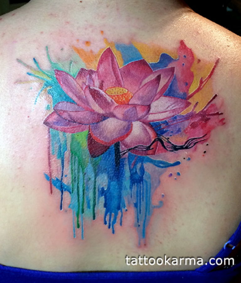 Watercolor Lotus Tattoo On Back