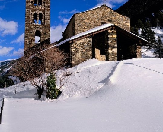 Sant Joan de Caselles Church With Snow In Winter Season