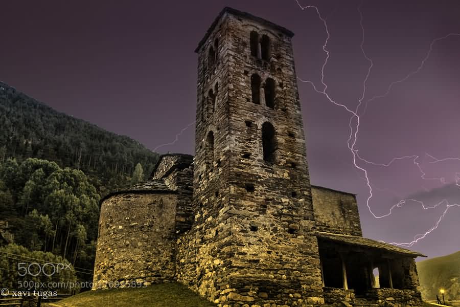 The Sant Joan de Caselles Church At Night With Thunderstorm