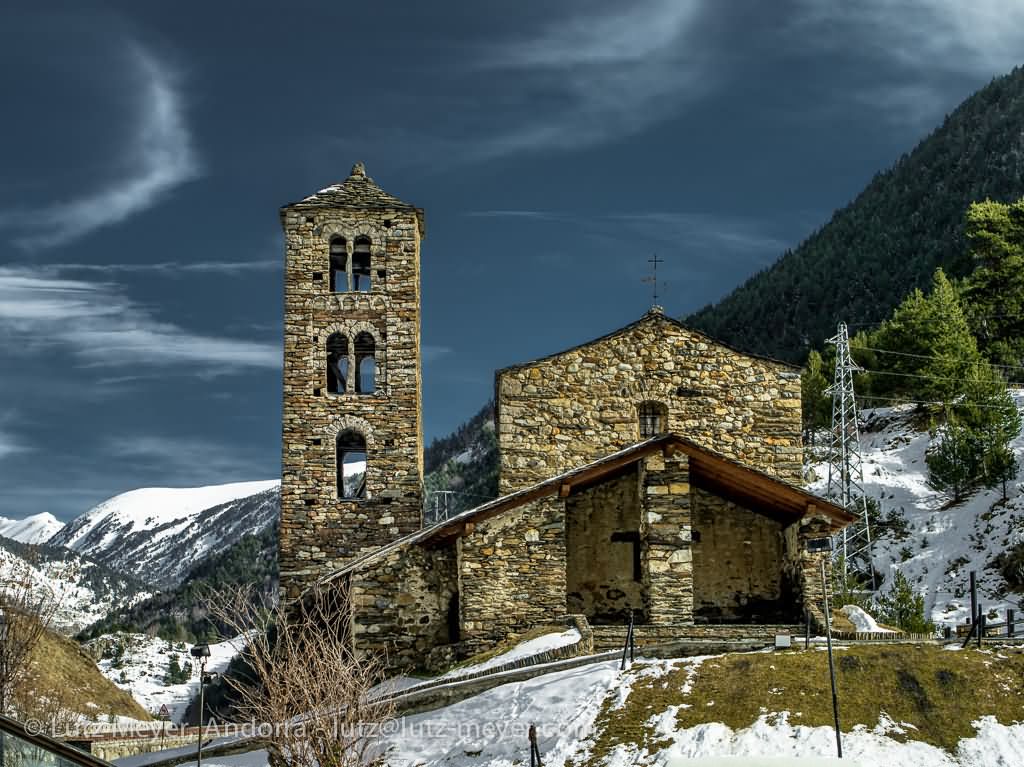 The Sant Joan de Caselles Church With Snow During Winter Season