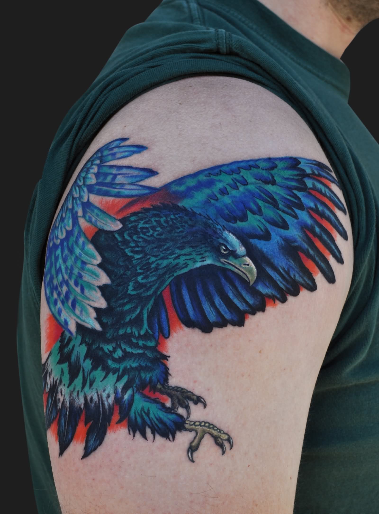 Blue ink Colorful Flying Eagle Tattoo On Half Sleeve