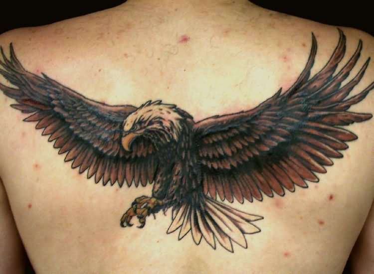 Colored Open Winged Flying Eagle Tattoo On Back